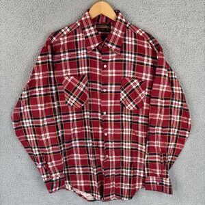 Vintage 70s Montgomery Ward Flannel Shirt Mens Large Red Plaid Work 100% Cotton